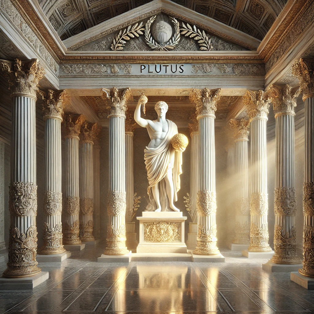 Temple interior with statue of Plutus, Greek god of wealth